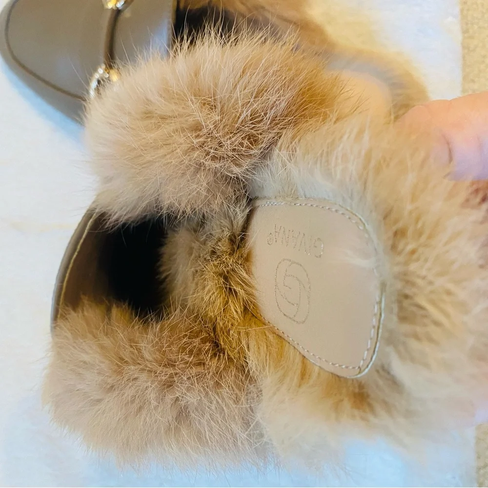 Tan rabbit fur loafer mules rose gold buckle vegan leather rubber soles Sz 37